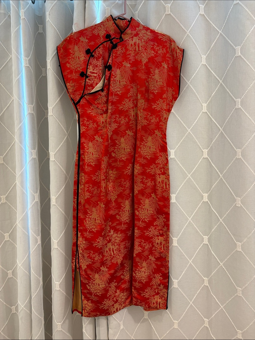 Vintage Red Mandarin Collar Qipao Dress with Black Piping